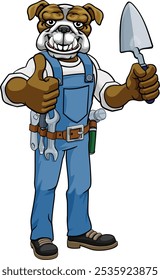 A bulldog bricklayer builder construction worker mascot cartoon character holding a trowel tool and giving a thumbs up