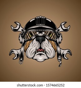 Bulldog brown head wearing motorcycle helmet with wrench illustration for logo, apparel or other merchandise