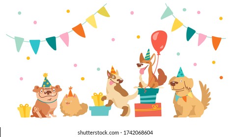 Bulldog, Bull Terrier, Corgi and Spitz Characters Celebrate Happy Birthday Party. Cute Kawaii Dogs with Holidays Equipment Balloons, Gifts and Flag Garlands, Kids Design. Cartoon Vector Illustration