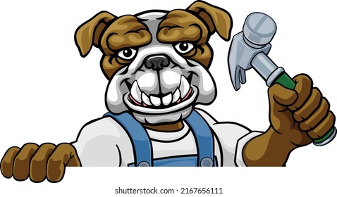 A bulldog cartoon animal mascot carpenter or handyman builder construction maintenance contractor peeking around a sign holding a hammer 