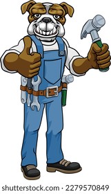 A bulldog cartoon animal mascot carpenter or handyman builder construction maintenance contractor holding a hammer and giving a thumbs up