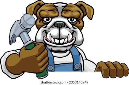 A bulldog cartoon animal mascot carpenter or handyman builder construction maintenance contractor peeking around a sign holding a hammer 