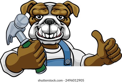 A bulldog cartoon animal mascot carpenter or handyman builder construction maintenance contractor peeking around a sign holding a hammer and giving a thumbs up