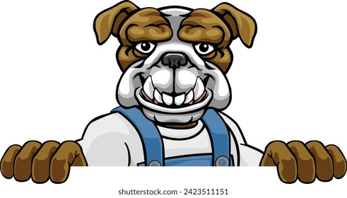 A bulldog cartoon animal mascot gardener, carpenter, handyman, decorator or builder construction worker peeking around a sign