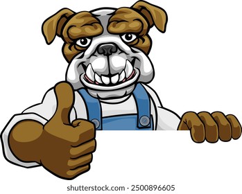 A bulldog cartoon animal mascot gardener, carpenter, handyman, decorator or builder construction worker peeking around a sign and giving a thumbs up