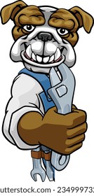 A bulldog cartoon animal mascot plumber, mechanic or handyman builder construction maintenance contractor peeking around a sign holding a spanner or wrench