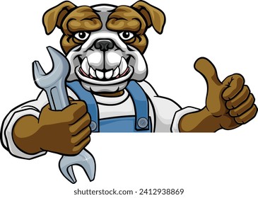 A bulldog cartoon animal mascot plumber, mechanic or handyman builder construction maintenance contractor peeking around a sign holding a spanner or wrench and giving a thumbs up