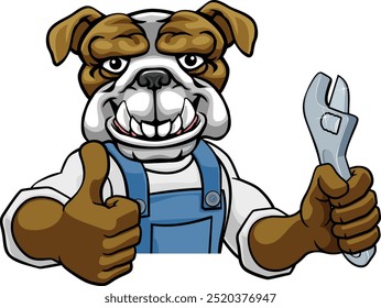 Un bulldog de dibujos animados animal mascota fontanero, mecánico o handyman constructor contratista de mantenimiento de la construcción asomándose alrededor de un letrero que sostiene una llave o llave inglesa y dando un pulgar hacia arriba