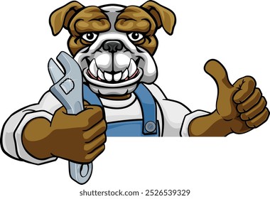 Un bulldog de dibujos animados animal mascota fontanero, mecánico o handyman constructor contratista de mantenimiento de la construcción asomándose alrededor de un letrero que sostiene una llave o llave inglesa y dando un pulgar hacia arriba