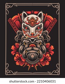 diseño de caricatura de bulldog con máscara de kitsune y rodeado de flores