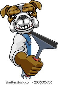 A bulldog cartoon mascot car or window cleaner holding a squeegee tool peeking round a sign