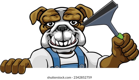 A bulldog cartoon mascot car or window cleaner holding a squeegee tool peeking round a sign