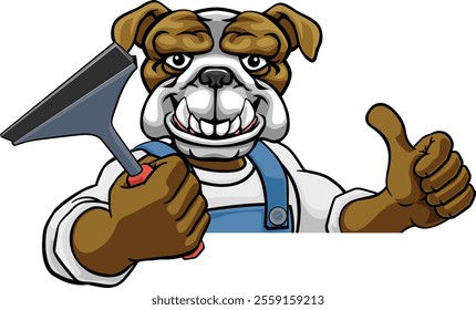 A bulldog cartoon mascot car or window cleaner holding a squeegee tool peeking round a sign and giving a thumbs up