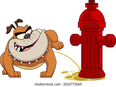 Bulldog Cartoon Mascot Character Peeing On A Fire Hydrant. Vector Hand Drawn Illustration Isolated On Transparent Background