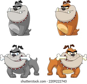 Bulldog Cartoon Mascot Characters. Vector Hand Drawn Collection Set Isolated On Transparent Background