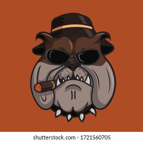 Bulldog cartoon wearing sun glass and hat smoking cigar.  