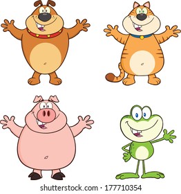 Bulldog, Cat, Pig and Frog Cartoon Mascot Characters. Vector Collection Set