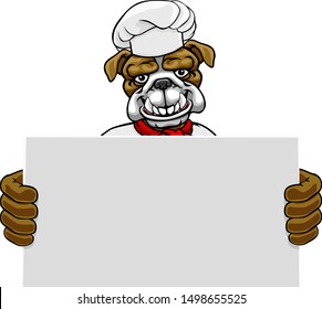 A bulldog chef mascot cartoon character holding a sign board