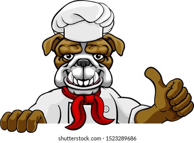 A bulldog chef mascot cartoon character peeking round a sign and giving a thumbs up