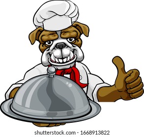 A bulldog chef mascot cartoon character holding a silver platter cloche dome of food peeking round a sign and giving a thumbs up