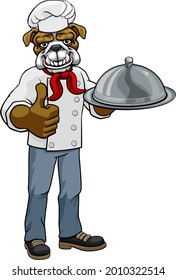 A bulldog chef mascot cartoon character holding a silver platter cloche dome of food and giving a thumbs up