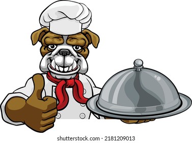 A bulldog chef mascot cartoon character holding a silver platter cloche dome of food peeking round a sign and giving a thumbs up