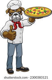 A bulldog chef mascot cartoon character holding a pizza and giving a thumbs up