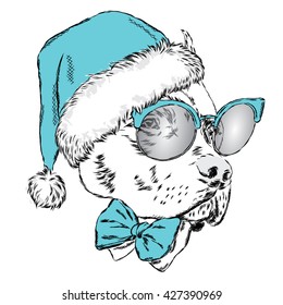 Bulldog in a Christmas hat and sunglasses. Print on a postcard or poster. Vector illustration. Holiday card. New Year's and Christmas. Santa Claus. Dog.