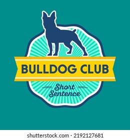 Bulldog club logo. Kennel club emblem. Bulldog silhouette on the turquoise badge with rays and ribbon.
