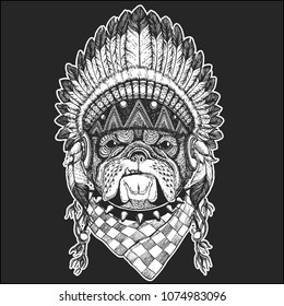 Bulldog Cool animal wearing native american indian headdress with feathers Boho chic style Hand drawn image for tattoo, emblem, badge, logo, patch