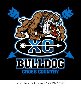 diseño de equipo de bulldog cross country con mascota de cuerpo completo y flecha para escuela, universidad o liga