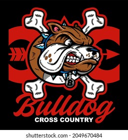 diseño de equipo de bulldog cross country con mascota y flecha para escuela, universidad o liga