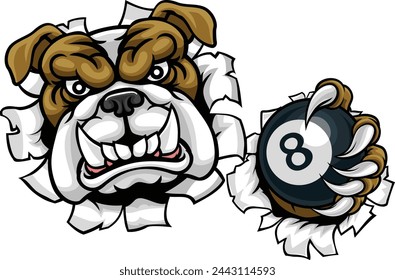 A bulldog dog angry mean pool billiards mascot cartoon character holding a black 8 ball. 