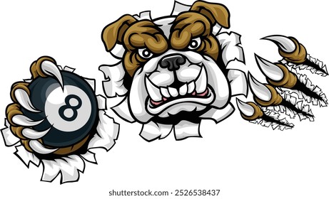 A bulldog dog angry mean pool billiards mascot cartoon character holding a black 8 ball. 