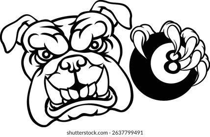 A bulldog dog angry mean pool billiards mascot cartoon character holding a black 8 ball. 