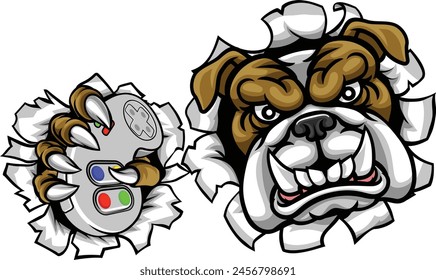 A bulldog dog animal gamer sports mascot holding video games controller breaking through the background with its claws