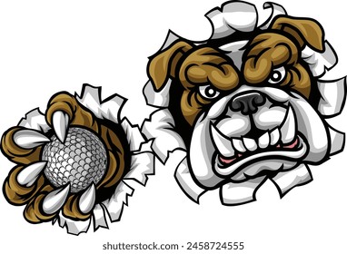 A bulldog dog animal sports mascot holding golf ball breaking through the background with its claws