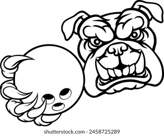 A bulldog dog animal sports mascot holding bowling ball 