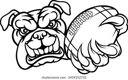 A bulldog dog animal sports mascot holding American football ball 