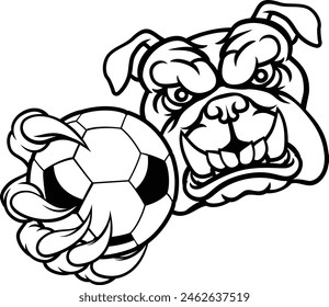 A bulldog dog animal sports mascot holding soccer football ball 