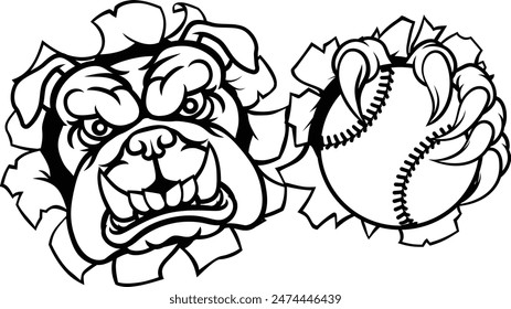 A bulldog dog animal sports mascot holding baseball or softball ball breaking through the background with its claws