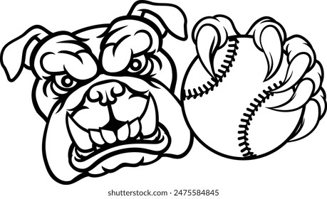 A bulldog dog animal sports mascot holding baseball or softball ball