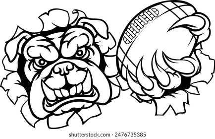 A bulldog dog animal sports mascot holding American football ball breaking through the background with its claws