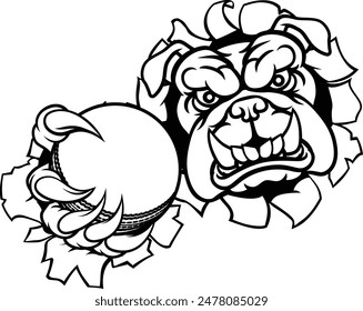 A bulldog dog animal sports mascot holding cricket ball breaking through the background with its claws