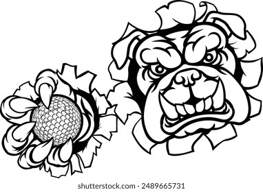 A bulldog dog animal sports mascot holding golf ball breaking through the background with its claws