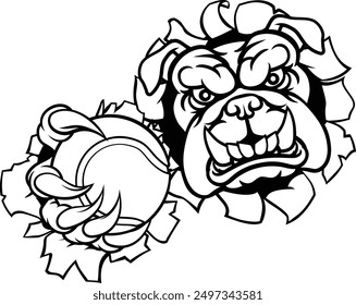 A bulldog dog animal sports mascot holding tennis ball breaking through the background with its claws