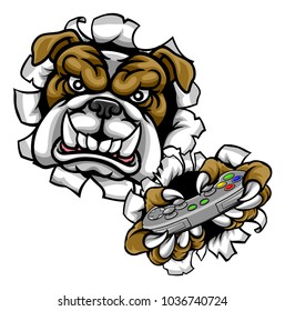 A bulldog dog cartoon character player gamer esports sport mascot holding a video games controller and ripping through the background
