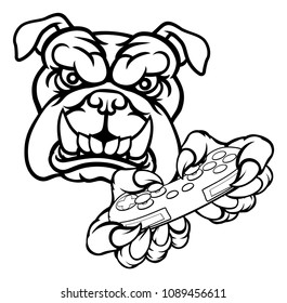 A bulldog dog cartoon character player gamer esports sport mascot holding a video games controller