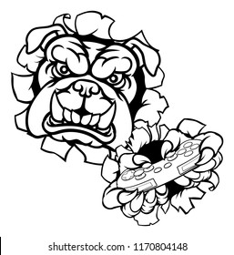 A bulldog dog cartoon character player gamer esports sport mascot holding a video games controller and ripping through the background