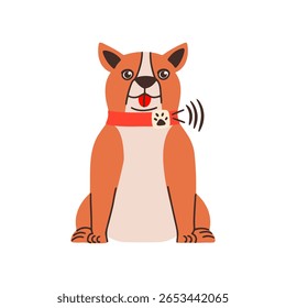 Cachorro buldogue em coleiras com rastreador de localização gps. Acessório inteligente para pet. Ilustração em plano vetorial